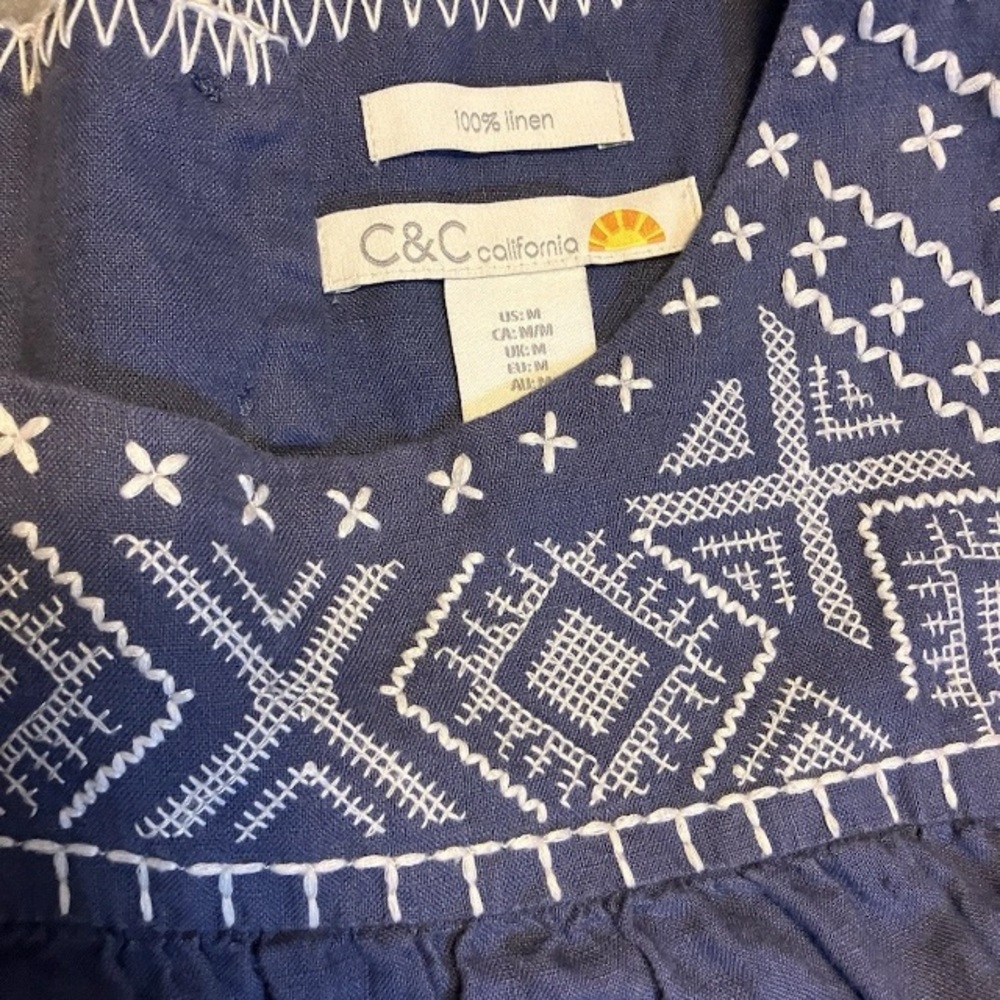 C&C California Blue Embroidered Linen Sleeveless Costal Cottage Tunic Dress - Picture 3 of 10